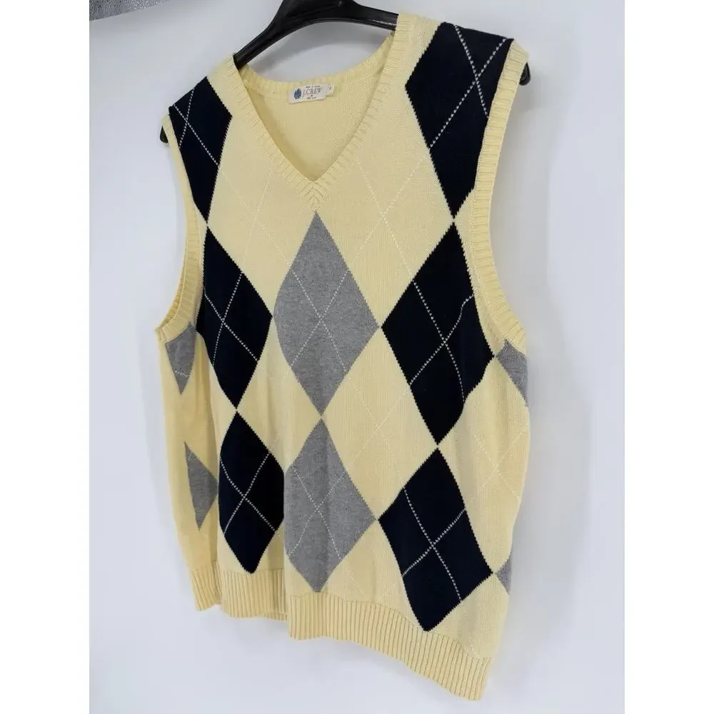 J Crew Argyle Sweater Vest Mens Medium Preppy Classic Golf Office Classic Yellow